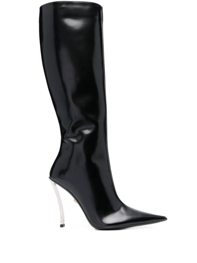 Versace 尖头针织及膝靴 In Black