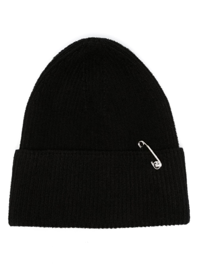 Versace Safety Pin Detailed Knit Beanie In Black