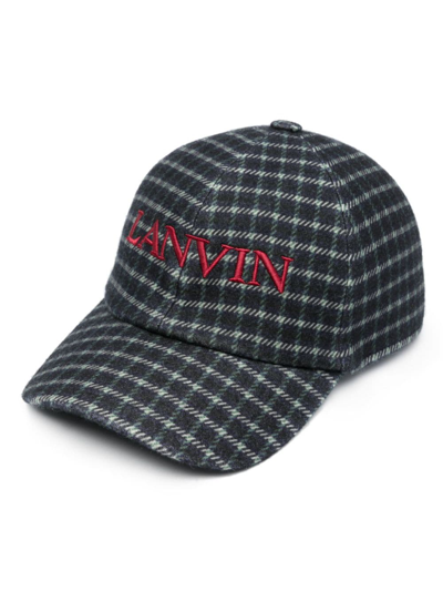 Lanvin Logo-embroidered Checked Wool Cap In Blau