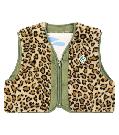 Jellymallow Kids' Reversible Quilted Leopard-print Waistcoat In Green