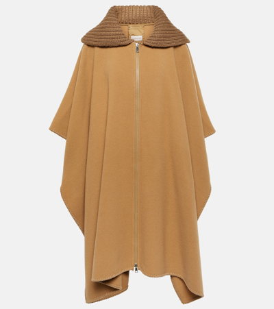 Moncler Wool Long Cape With Knit Collar In Camel