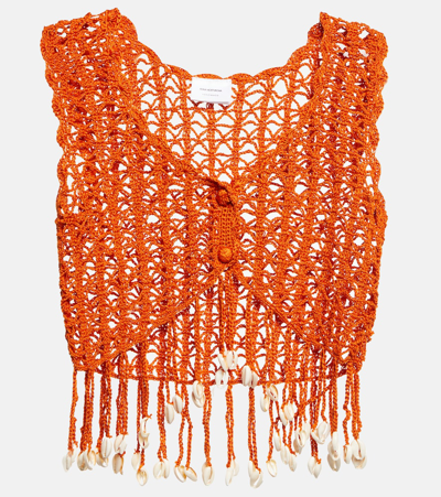 Anna Kosturova Embellished Crochet Crop Top In Orange