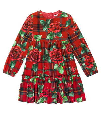 Dolce & Gabbana Kids' 花卉花呢格纹连衣裙 In Red