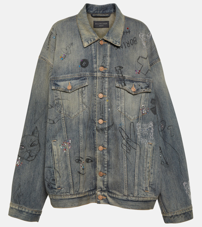 Balenciaga Embellished Denim Jacket In Blue