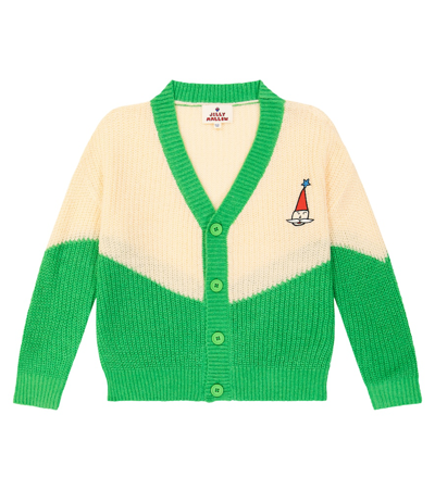 Jellymallow Kids' Embroidered Colourblocked Cardigan In Green,beige