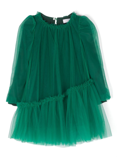 Monnalisa Kids' Long-sleeved Tulle Dress In Green