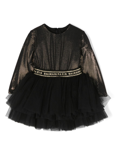 Balmain Babies' Sequin-embellished Logo-waistband Dress In Black