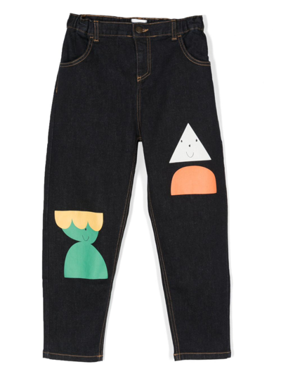 Bobo Choses Blue Jeans For Kids With Geometric Printing And Logo In Denim