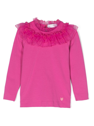 Monnalisa Kids'   Tulle Collar T-shirt In Fuchsia Red