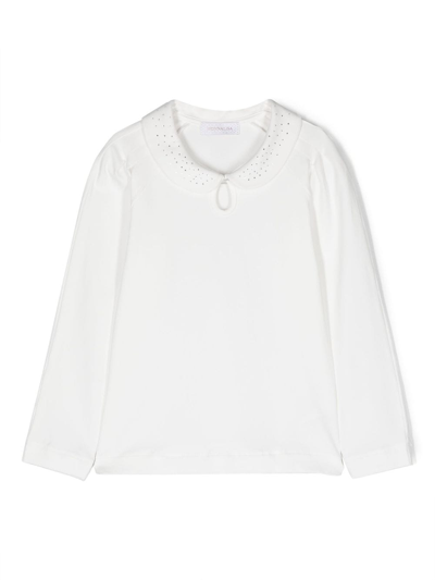 Monnalisa Kids' Rhinestone-embellished Long-sleeve Blouse In White
