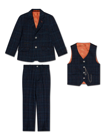 House Of Cavani Kids' Single-breasted Checked Tweed Three Piece Suit In Blue