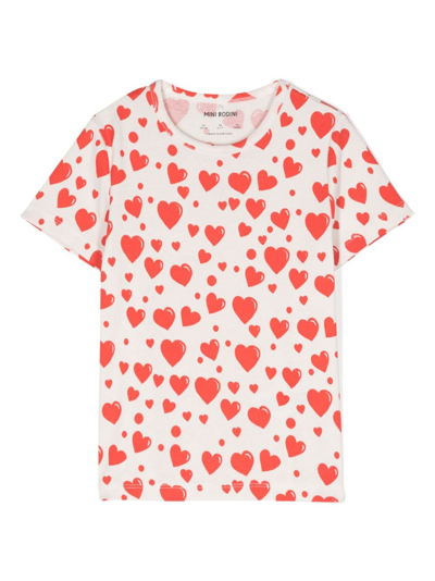 Mini Rodini Kids' White T-shirt For Girl With Hearts Print In Ivory