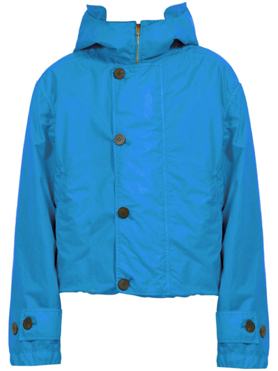Ferragamo Hooded Buttoned Lightweight Jacket In Blue