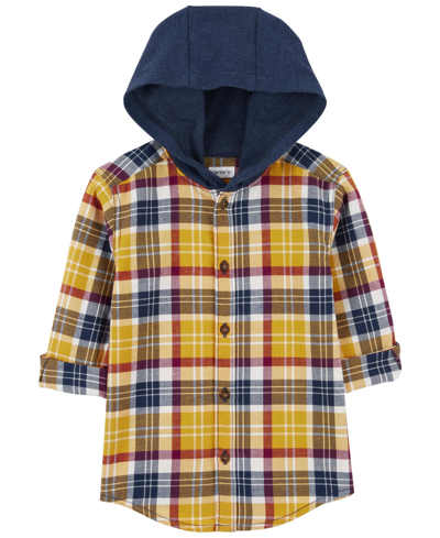 Carter's Babies' Toddler Boys Hooded Flannel Button Front Shirt In Yellow
