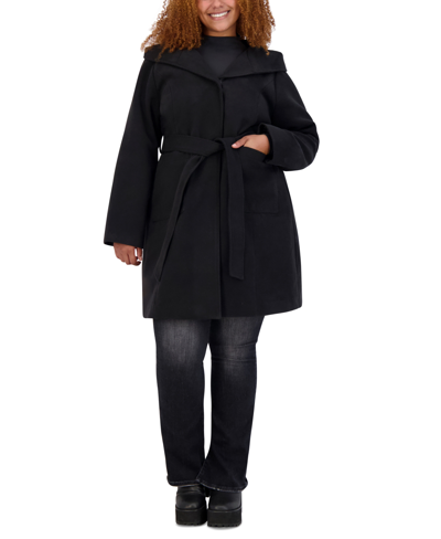 Steve Madden Juniors' Trendy Plus Size Hooded Belted Wrap Coat In Black