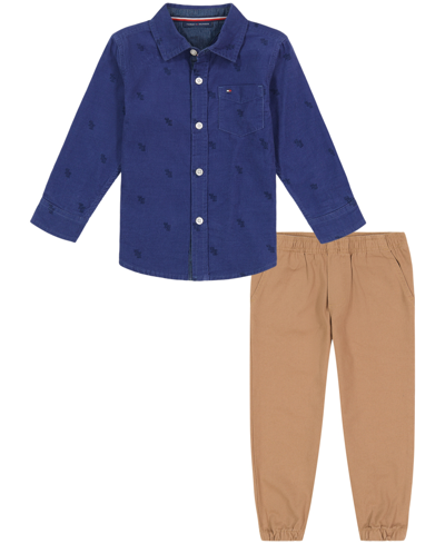 Tommy Hilfiger Kids' Toddler Boys Corduroy Logo Long Sleeve Button-front Shirt And Twill Joggers, 2 Piece Set In Blue