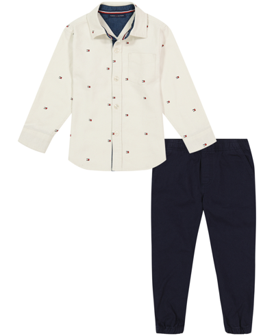 Tommy Hilfiger Kids' Toddler Boys Flag-print Twill Long Sleeve Button-front Shirt And Twill Joggers, 2 Piece Set In Cream