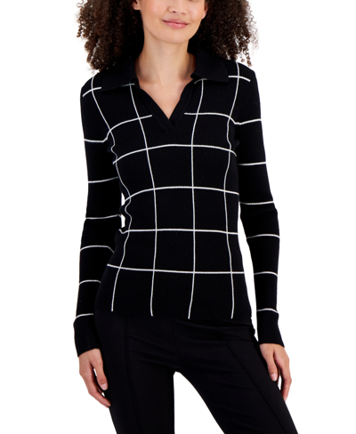 T Tahari Women's Ribbed Windowpane Johnny-collar Sweater In Black  White