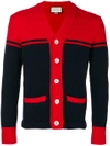 Gucci Wool Cardigan W/ Tiger Patch On Back In Red/blue