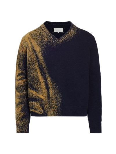 Maison Margiela Navy Wool Pullover With Gold Details In Black