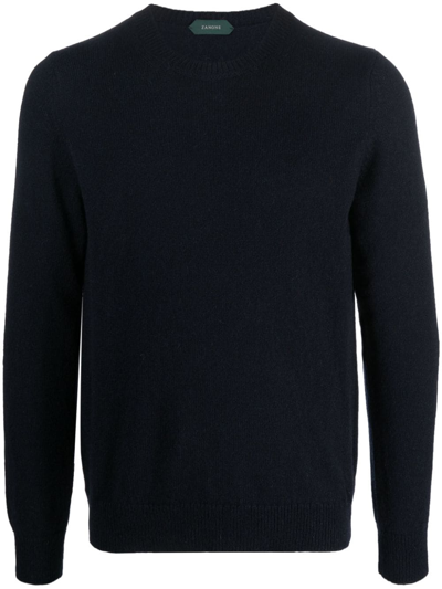Zanone Crew Neck Blue Sweater With Fine Knit Texture And Ribbed Details