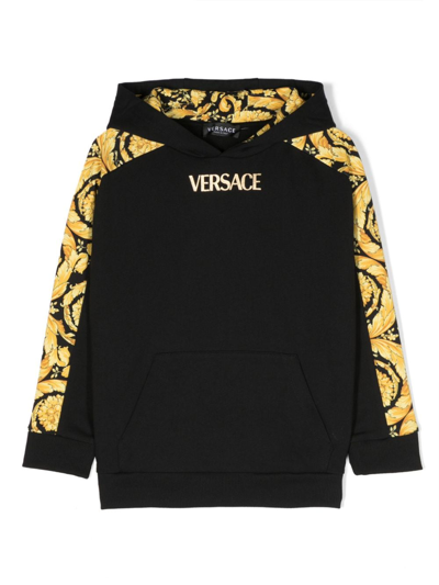 Versace Kids' Barocco Print Cotton Hoodie In Black,gold