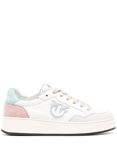 Pinko Love Birds-embossed Sneakers In Off White/beige/mint