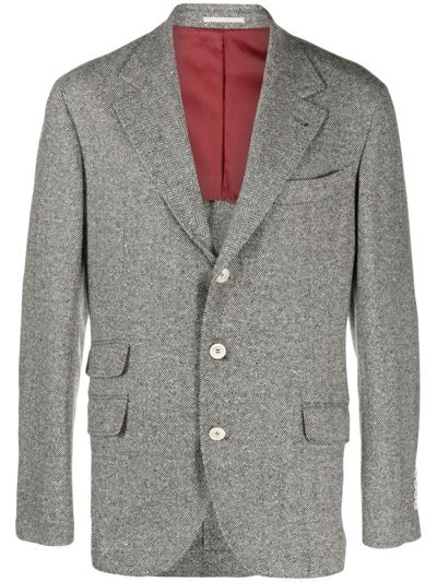 Brunello Cucinelli Herringbone-pattern Wool-blend Blazer In Grey