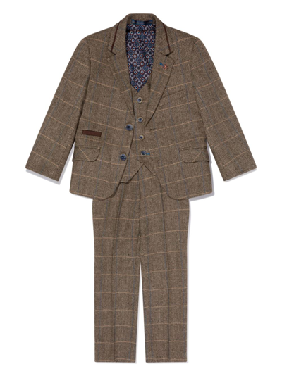 House Of Cavani Kids' Single-breasted Checked Three-piece Suit In Brown