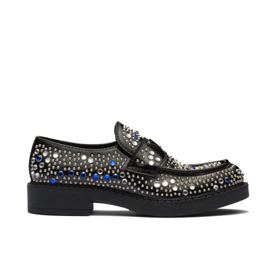 Prada Brushed Leather Loafers With Studs And Rhinestones In Black