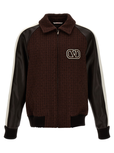 Valentino Cotton-blend Tweed And Leather Bomber Jacket In Brown