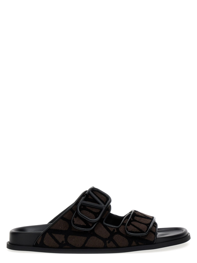 Valentino Garavani Vlogo Toile Iconographe Double-strap Sandals In Brown