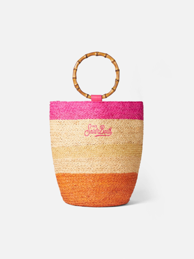 Mc2 Saint Barth Raffia Multicolor Bucket Bag With Bamboo Handles