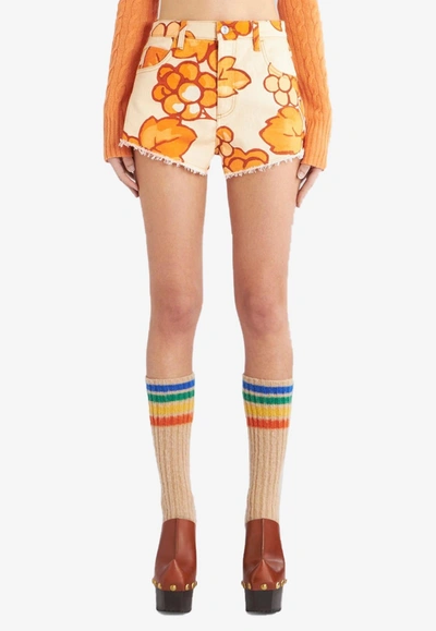 Etro Berry-print Denim Shorts In Orange