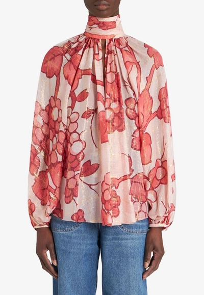 Etro Turtleneck Foil Grape-print Silk Blouse In Pink