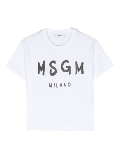 Msgm Kids' Beige T-shirt With Brushed Logo In White