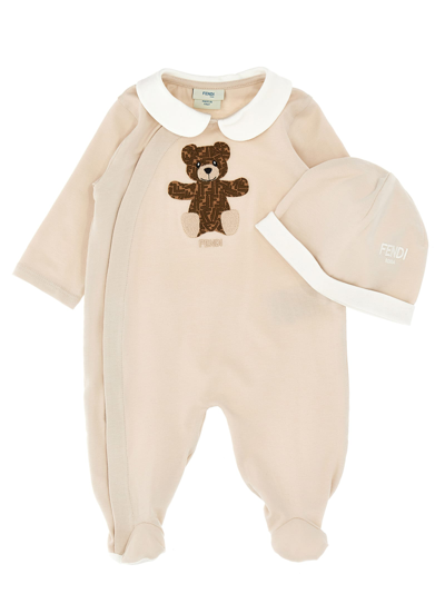 Fendi Baby Girl's Ff Teddy Bear Footie & Beanie Set In Beige