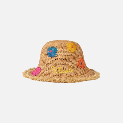 Mc2 Saint Barth Woman Straw Bucket With Multicolor Flowers Embroidery In White