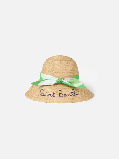 Mc2 Saint Barth Woman Straw Bucket With Front Embroidery And Multicolor Printed Stripe In White