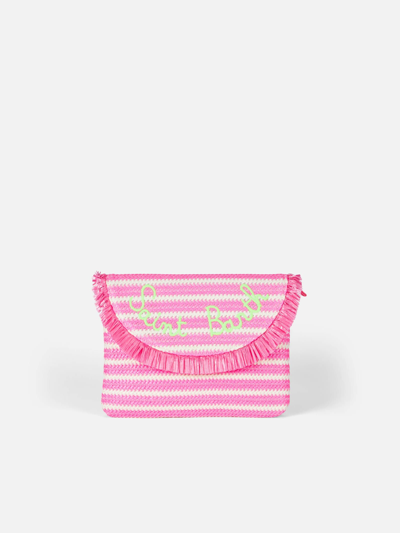 Mc2 Saint Barth Straw Pochette With Fringes And Stripes In Pink