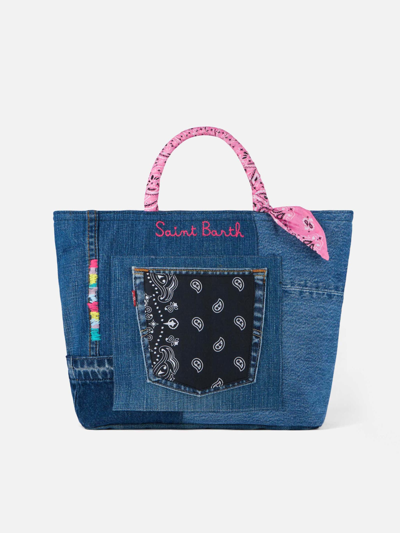 Mc2 Saint Barth Denim Patchwork Handbag With Pink Bandanna Handles In Grey