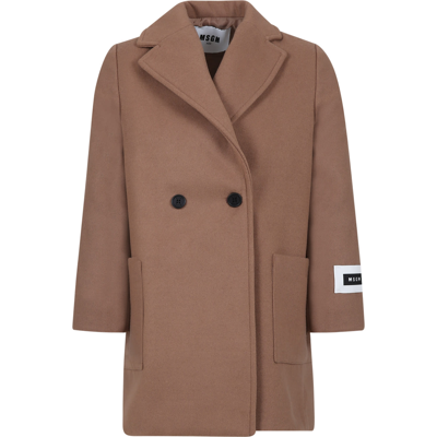 Msgm Beige Coat For Kids With Logo