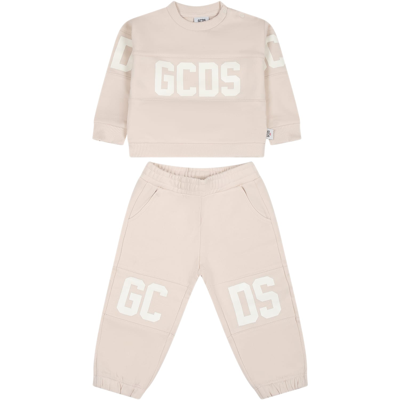 Gcds Mini Beige Tracksuit For Babykids With Logo In Ivory