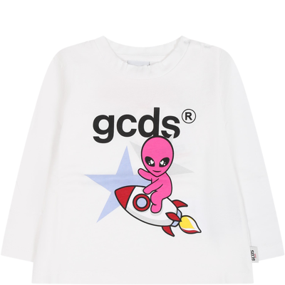 Gcds Mini Kids' White T-shirt For Baby Boy With Alien Print And Logo