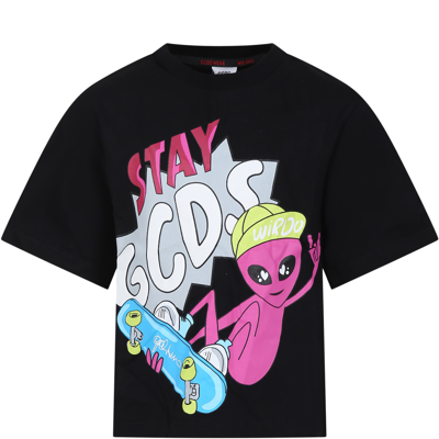 Gcds Mini Kids' Black T-shirt For Boy With Alien Print And Logo In Nero/black