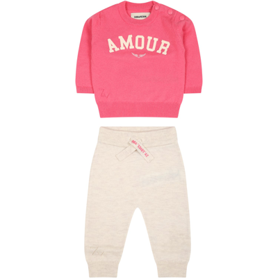 Zadig &amp; Voltaire Neon Coral And Melange Beige Set For Baby In Multicolor