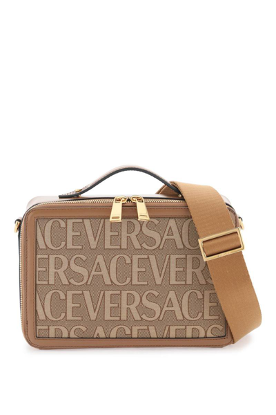 Versace Allover Messenger Bag In Brown,beige