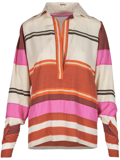 Johanna Ortiz Peruda God Printed Viscose Satin Shirt In Bedouin Sand And Fuchsia