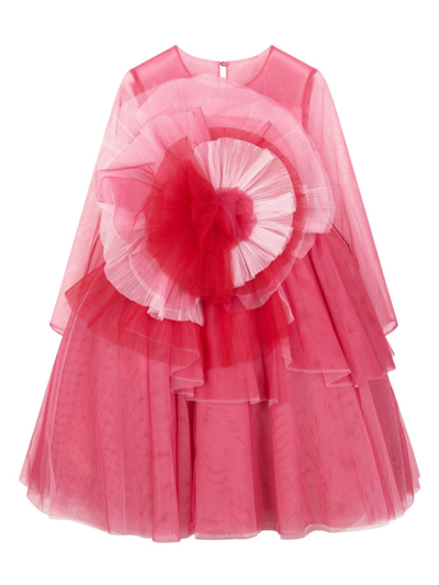 Marchesa Couture Kids' Floral-appliqué Full-skirt Dress In Pink