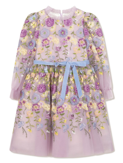 Marchesa Couture Kids' Floral-embroidered Tulle Dress In Purple